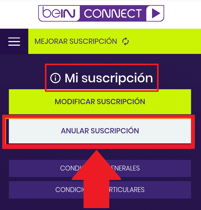 anular suscripcion bein connect