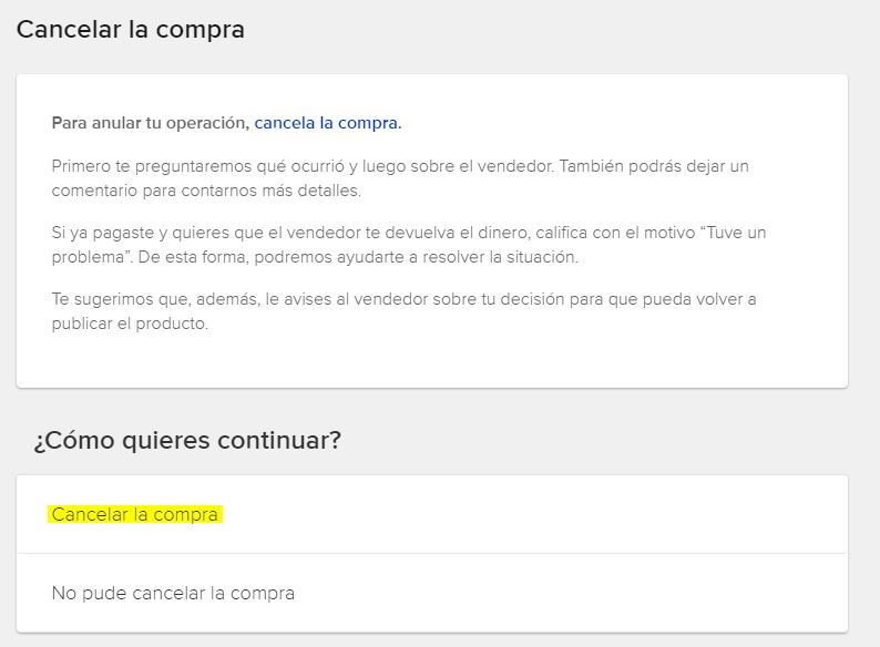 cancela una compra mercadolibre